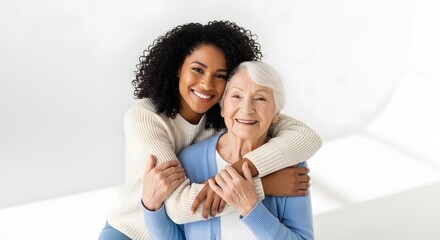 Obraz premium Smiling caregiver hugging senior woman, happy home care assistant