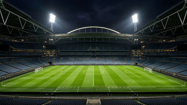 Illuminated empty football stadium at night with vibrant green pitch under bright floodlights