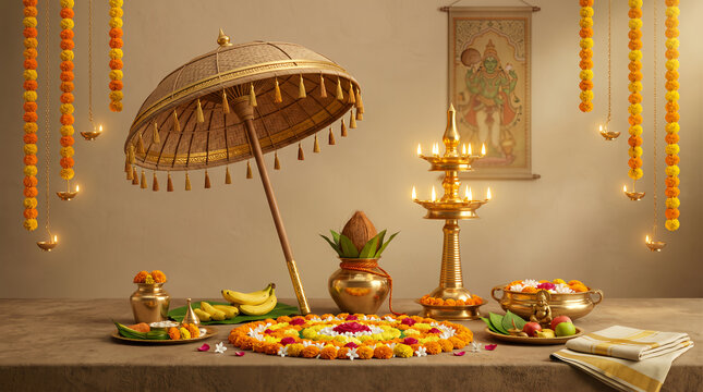 Elegant Onam Festival Arrangement with Pookalam Nilavilakku Traditional Decor and Kerala Celebration Theme