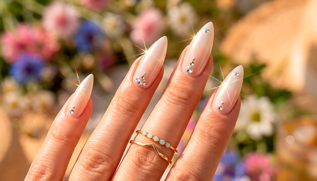 Сlose-up of almond-shaped nails with minimalistic rhinestone nail design trending in 2026, dreamy summer manicure aesthetic, manicure trends, long acrylic nails, nude