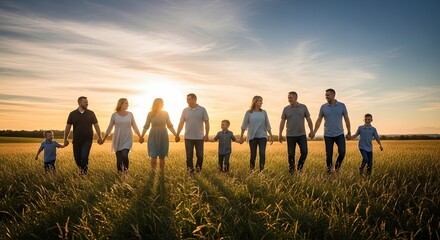 Fototapeta premium Happy multi-generational family walking in field, sunset landscape