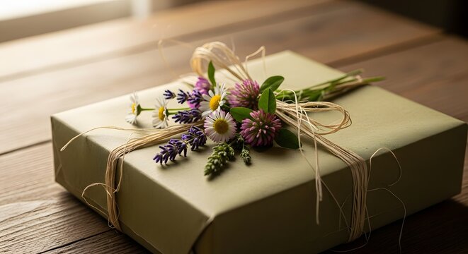 Rustic gift box with wildflowers, wrapped present on wooden table