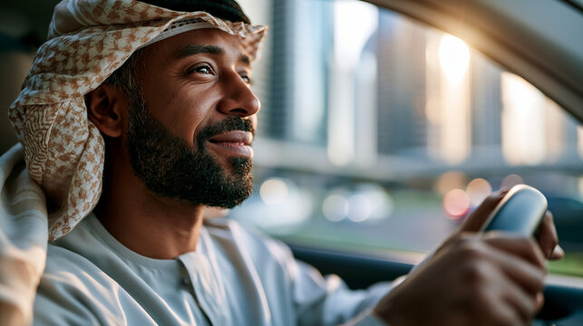A young Middle Eastern man in a soft thobe with ghatra and agal drives softly a bright smart hybrid car through a calm modern highway in natural daylight hybrid drive open face