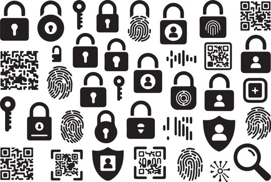 Security icons collection with padlocks fingerprints qr codes and privacy shields for data protection and safe access concepts.