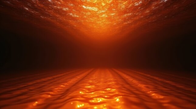 Abstract background with glowing orange liquid waves and dark tunnel perspective for creative digital design