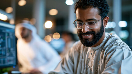 Fototapeta premium A confident Middle Eastern man in a soft hamdaniya kandora reviews softly a bright EV efficiency dashboard on a calm modern monitor in natural daylight efficiency dashboard open