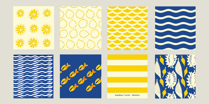Lemon and wave pattern collection vibrant vector illustrations on colored backgrounds