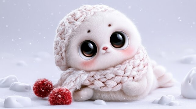 Adorable Baby Seal Wrapped in a Knitted Scarf Resting on Soft Snowy Surface with Gentle Snowfall