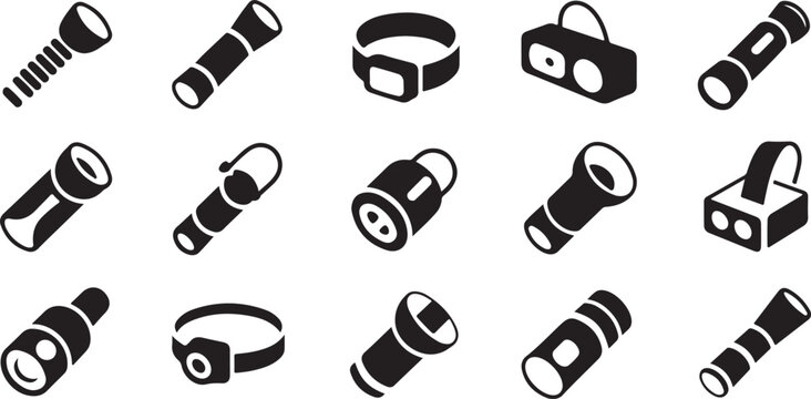 Flashlight and headlamp icon set featuring portable torch styles lanterns and industrial lighting equipment for camping safety.