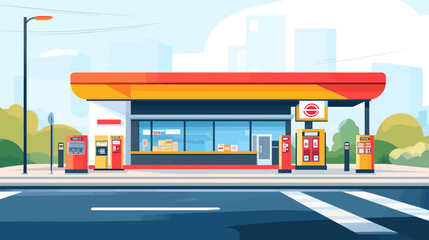Fototapeta premium A stylized illustration of a gas station with a canopy and ATMs in front, on a sunny day