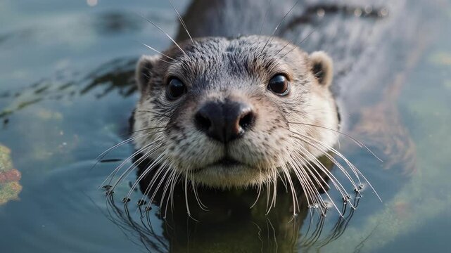 Close-up portrait of a curious otter swimming in calm water, its whiskers glistening and eyes sparkling, representing aquatic wildlife and natural habitat exploration