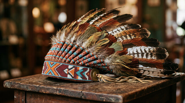 Traditional Beaded War Bonnet with Eagle Feathers, Cultural Still Life