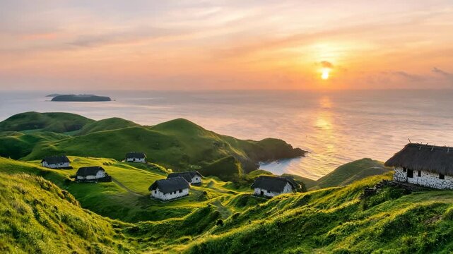 peaceful sunset landscape at vayang rolling hills ivatan island with philipenes houses concept