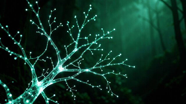 Neural network branching structure glowing cyan in deep forest mist
