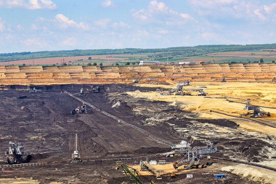 Panoramic View of Massive Open Pit Coal Mine in Kostolac Serbia with Excavators