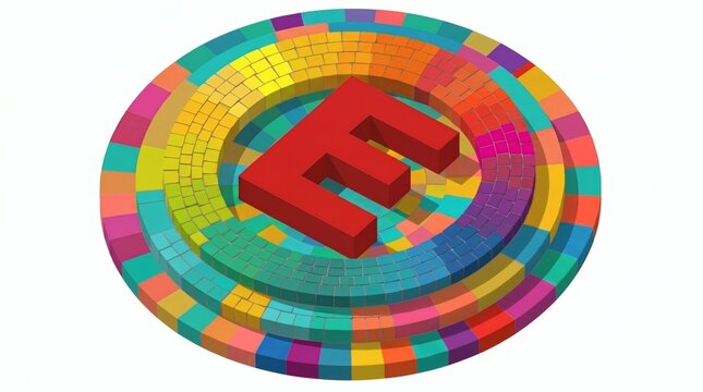 A vibrant 3D graphic rendering of a bold red geometric letter "E" resting at an angle on a stepped, circular platform made of multi-colored mosaic tiles over a solid white background.