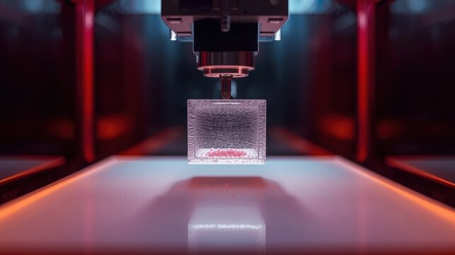 Industrial laser engraving machine processing a small glass block in a dark room with glowing red lights
