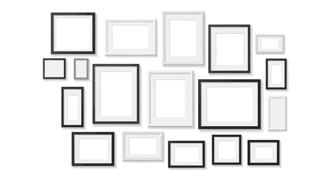Assortment of empty picture frames on a white background, gallery wall