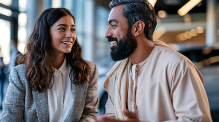 Obraz premium A confident Middle Eastern professional in a soft kandora explains softly bright EV features to a calm customer at a modern dealership in natural daylight EV features open