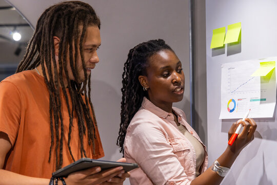 African American coworkers pointing at wall chart in office, holding tablet and red marker