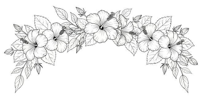 Delicate floral arch illustration, hand-drawn outline, botanical elements, elegant border design.