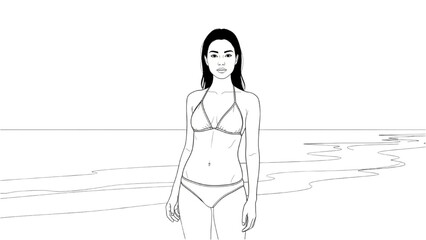 A woman in a bikini stands on the beach in a 2D CAD Vector illustration. © Stock Image Paradise