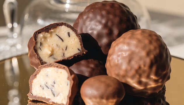 Assorted vanilla truffles covered with rich dark and milk chocolate in elegant confectionery styling.