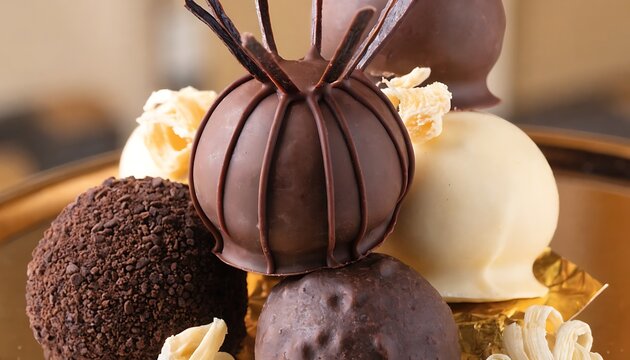 Assorted vanilla truffles covered with rich dark and milk chocolate in elegant confectionery styling.