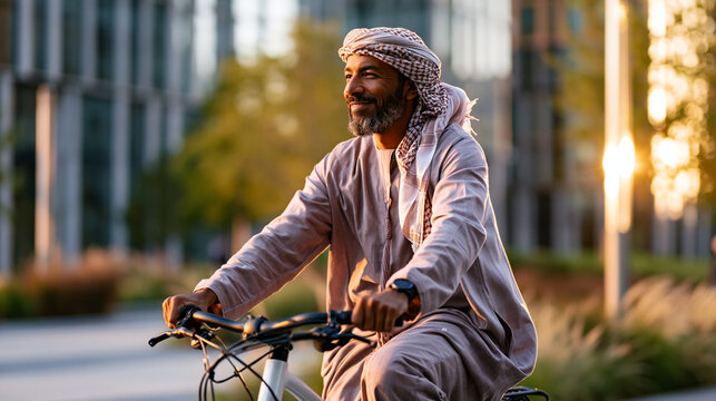 A Middle Eastern young man in a soft thobe with ghatra and agal cycles softly on a bright modern bicycle through a calm city park in natural daylight modern cycle open face