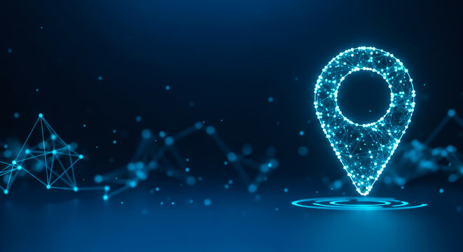 A glowing, futuristic location pin icon floating on a dark blue background with network connections and data points.