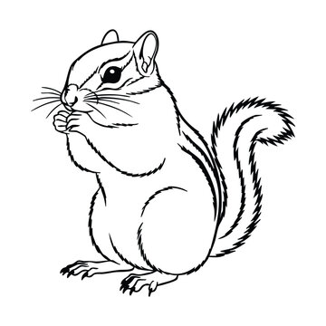 Black and white line drawing of a chipmunk holding a nut, standing on its hind legs, with characteristic stripes and a bushy tail.