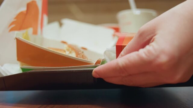Closeup hands reach burger on tray, office worker retrieving takeout burger from cardboard packaging at fast casual restaurant, sesame bun with melted cheese and sauce, warm table lighting, fingers