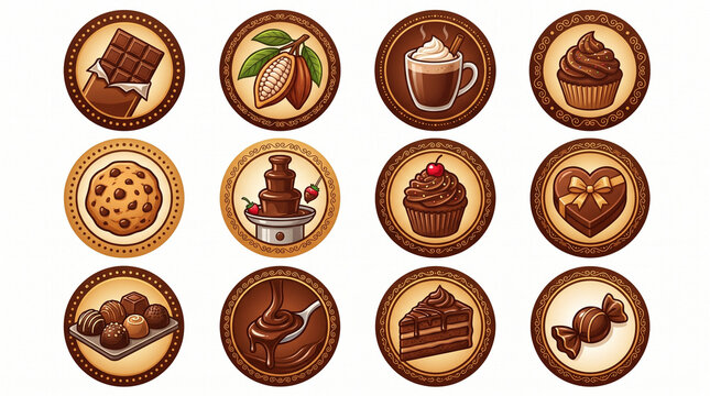 Set of chocolate desserts and ingredients round stickers
A collection of round stickers or badges featuring various chocolate products and ingredients on white background.Chocolate confectionery, baki