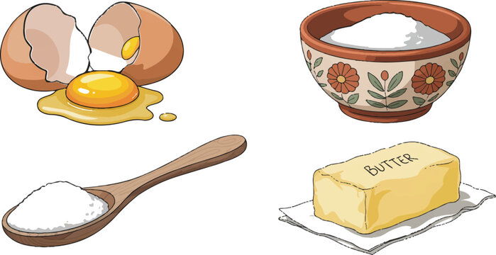 Baking ingredients collection showing cracked eggs with yolk floral ceramic bowl of flour wooden spoon of salt and block of butter.