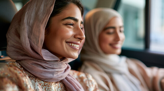 A pair of Middle Eastern friends in soft traditional attire shares softly a bright ride together in a calm modern car in natural daylight friends ride open faces modern