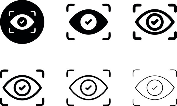 Biometric iris eye scanner vector icons set representing retinal recognition verification checkmark security access identification tech elements