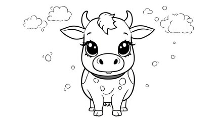 Fototapeta premium Cute little baby cow drawing with big eyes and fluffy clouds in a simple black and white line art style