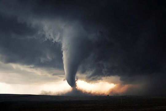 Powerful Tornado Swirling Under Dark Ominous Clouds at Sunset.