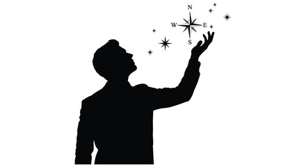 A silhouetted man reaching towards a constellation of stars and a compass © MDRASEL