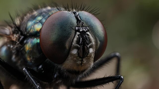 Extreme Close-up of a Fly's Compound Eyes, macro insect detail with iridescent facets, slow zoom out, representing nature's intricate design
