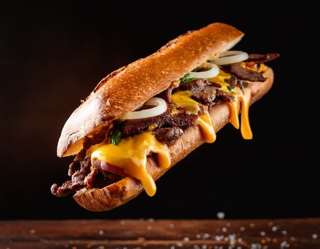 levitating philly cheesesteak sandwich melted cheese hot fresh