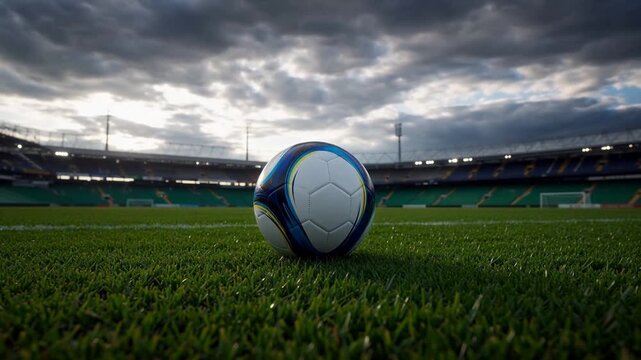 A soccer ball rests on a grass field in an empty stadium under a cloudy sky.