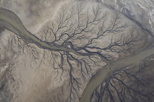 Aerial View of a Braided River Delta System with Intricate Channels.