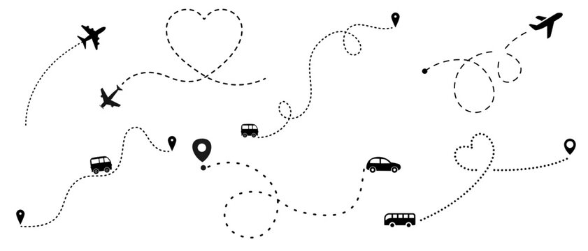 ​A charming vector pack combining travel routes with romantic themes, featuring heart-shaped loops, wavy dashed paths, airplanes, and cars.