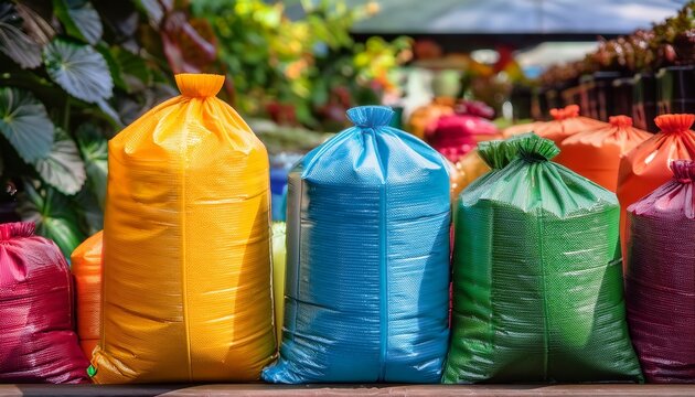 a vibrant display of colorful fertilizer bags stacked neatly ready for a blooming garden