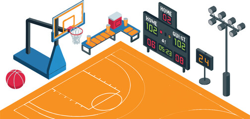 Isometric basketball court arrangement including backboard hoop game scoreboard shot clock team bench cooler and bouncing orb. © Kamrun82