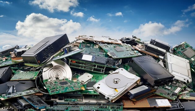 pile of discarded electronic waste computers hard drives circuit boards and plastic casings