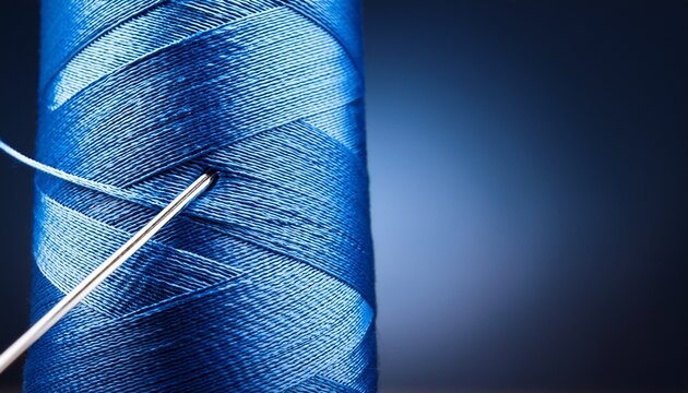 a blue spool with a white thread