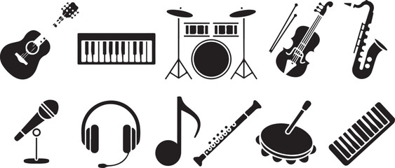 Set of musical instruments, music icon, guitar, piano, drums, violin, saxophone, microphone, headphone, note. © Kamrun82