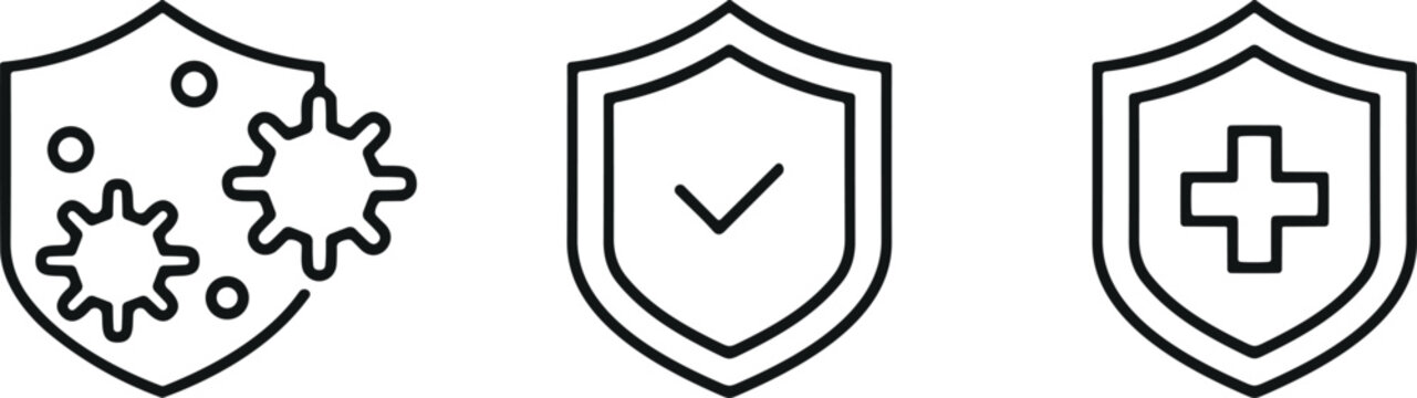 Immune system defense shield line icons set with antibacterial protection medical cross virus and checkmark elements design